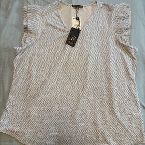 Adrianna Papell Light Blue Micro Print V-Neck Flutter Sleeve Top